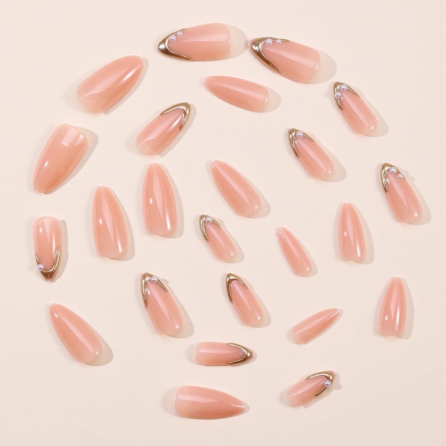 French Tip Press on Nails Almond Medium Fake Nails Elegant False Nails with Pearls Designs Gold Glossy Glue on Nail Full Cover Wedding Acrylic Nails for Women Girls 24Pcs