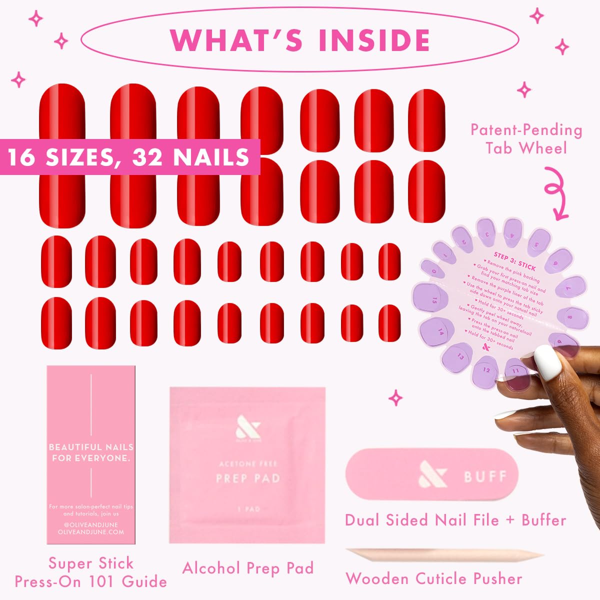 Olive & June Classic Super Stick Mani Press On Nails | No Glue Needed | 32 Tab Nails 16 Sizes | Non-Toxic Tabs Easy On-Off Non-Damaging Realist Look | 7-Day Wear | Short, Round| Lollipop Cherry Red