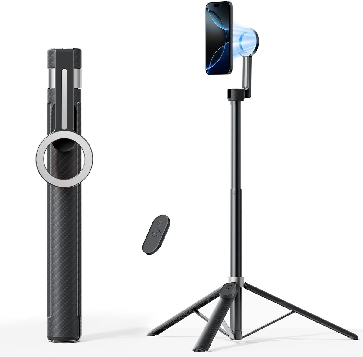 TODI 65" Magnetic Tripod for iPhone with Remote, Selfie Stick for iPhone Magsafe, Cell Phone Tripod Stand for Recording, Travel Tripod Compatible with 16/15/14/13/12 Series (Black Silver)
