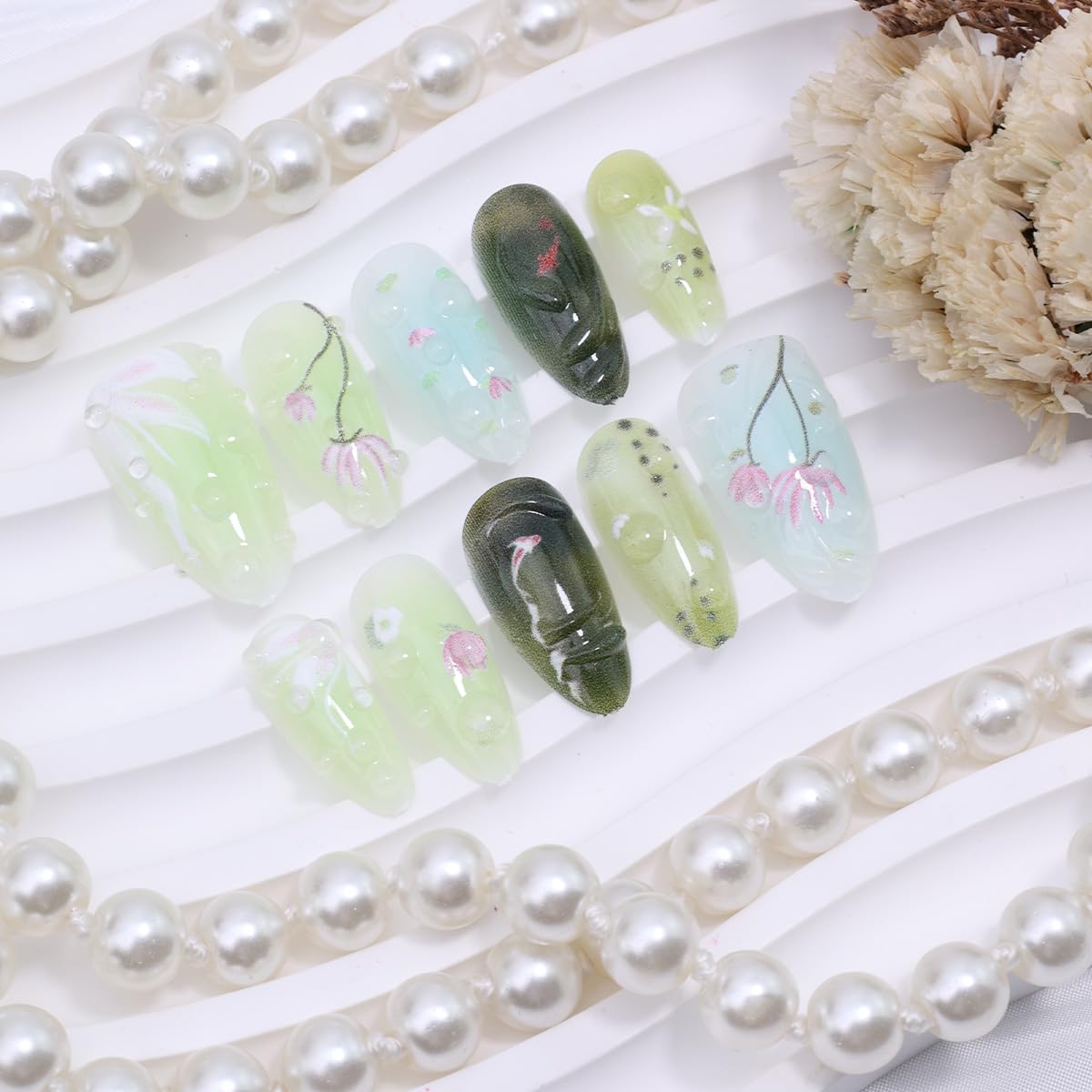 30Pcs Koi Press on Nails Medium Almond Green Fake Nails 3D Water Droplets with Pink White Flower Koi Fish Design Lucky Full Cover Glue on Nails Spring False Nails for Women Acrylic Manicure Salon Kits