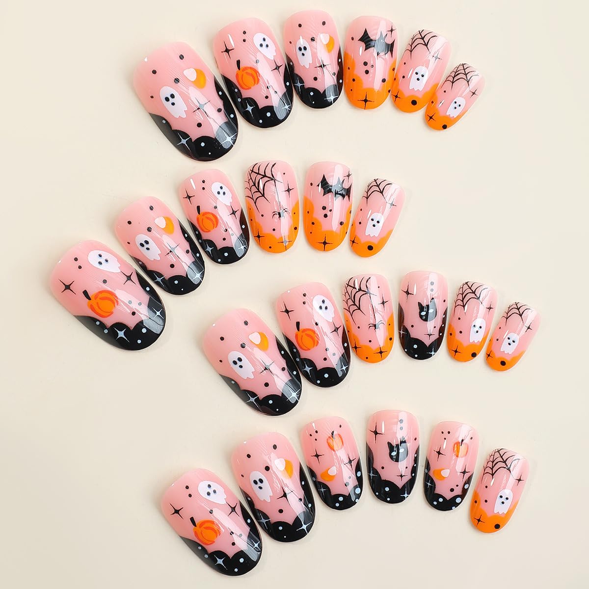 Halloween Press on Nails Short Almond Fake Nails French Tips Nail Press ons Ghost Spider Web Designs Acrylic Nails Short Oval False Nail Cute Glue on Nail for Women Girls Manicure 24Pcs
