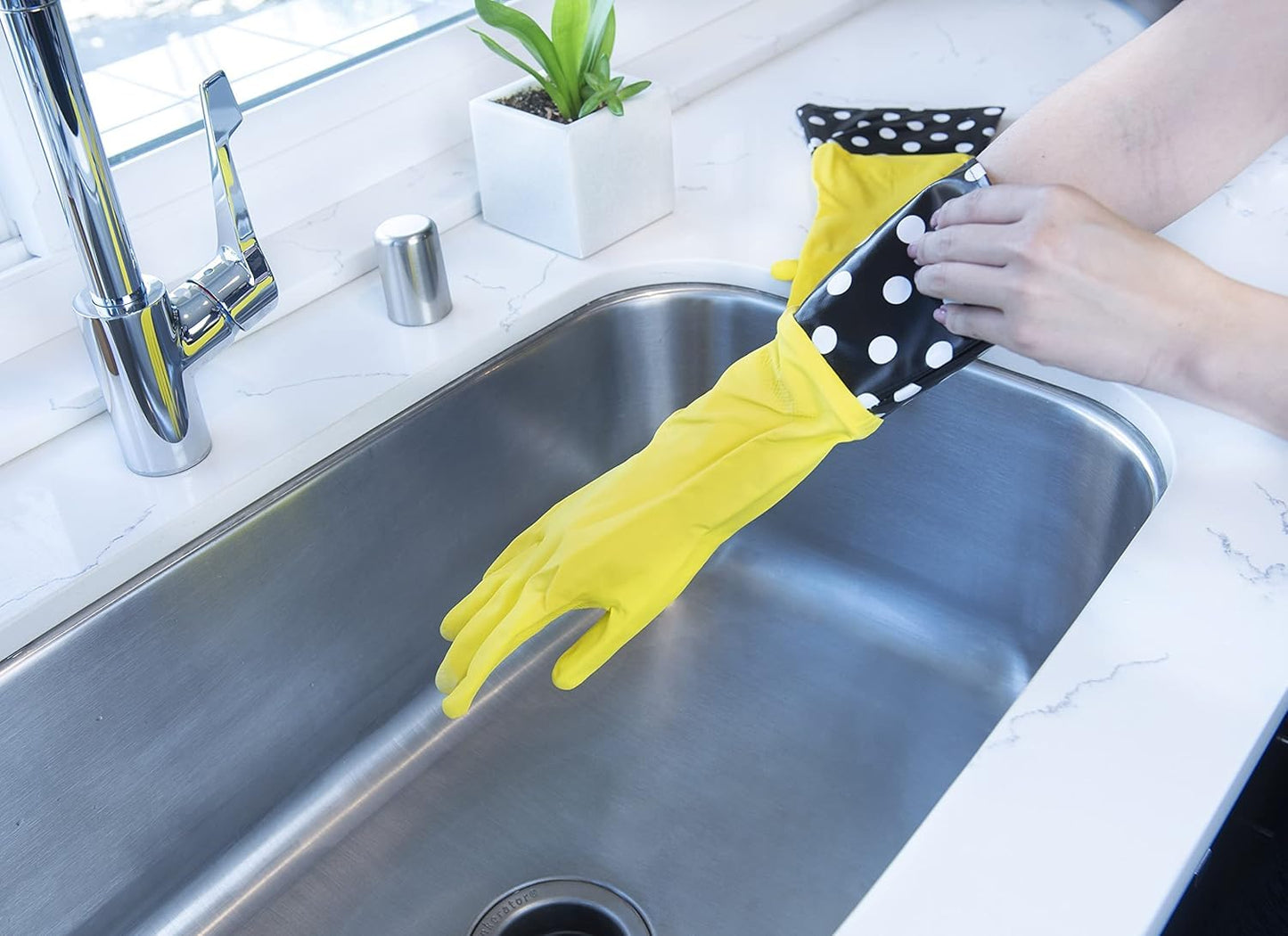Evriholder Glam-Gloves Reusable Latex Dishwashing Gloves for Kitchen or Cleaning, Yellow, 3 Pairs, Patterns May Vary