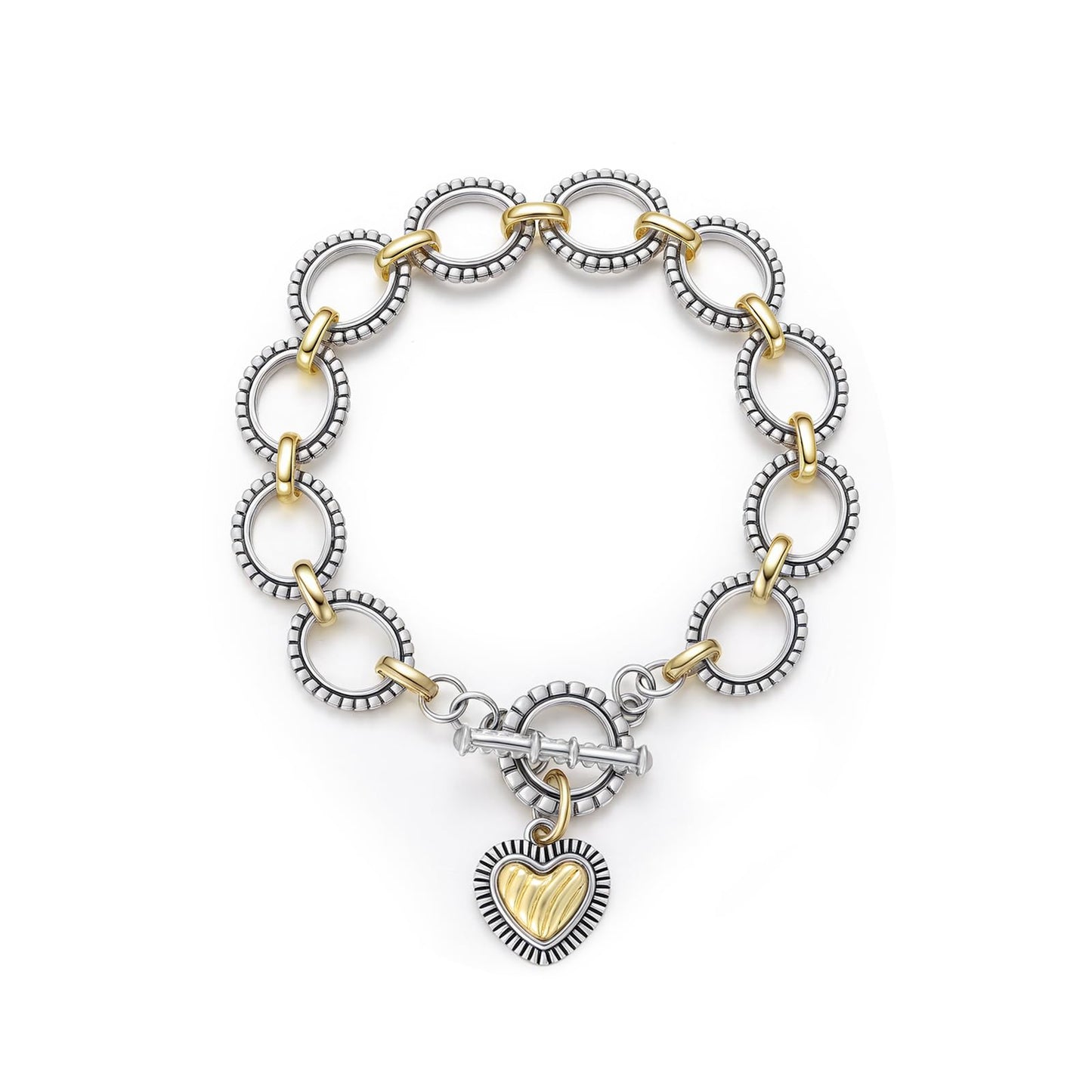 Mytys Chunky Chain Link Bracelet Two-Tone Mixed Metal Textured Toggle Clasp Statement Bangle Bracelet Jewelry for Women Fashion (Gold & Silver 14)
