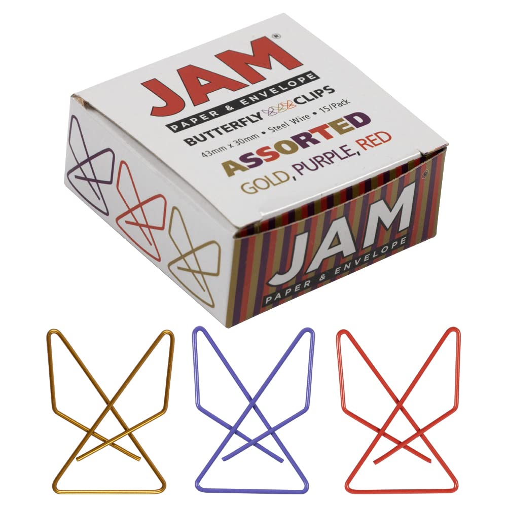 JAM PAPER Colorful Butterfly Clips - Assorted Paper Clamps - 15/Pack