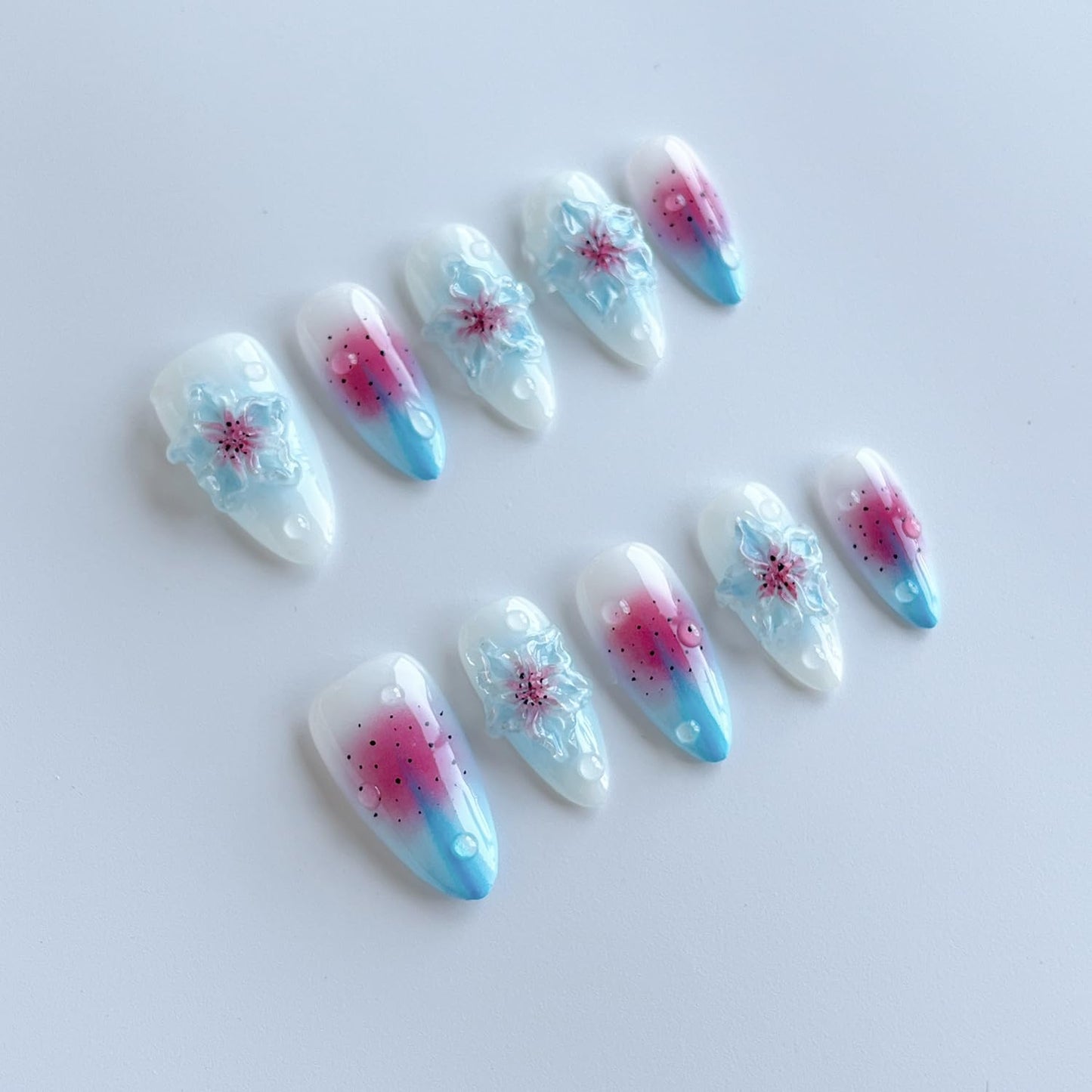 Luxury Press on Nails Medium Almond Handmade 3D Unique Reusable ABS Material Fake Nails Blue False Nails with Designs Water Drop Pink&Blue Flower Art Petal Glossy Thick Acrylic Nails(M)