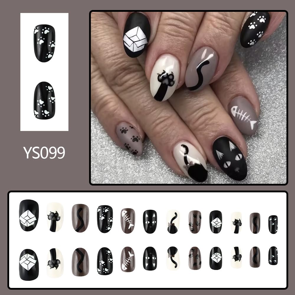 Halloween Press on Nails Short Oval Fake Nails Balck Cat Acrylic Nails with Designs Stray Cat Glue on Nails Short Almond False Nails Stick on Nails for Women Nails Deco 24Pcs