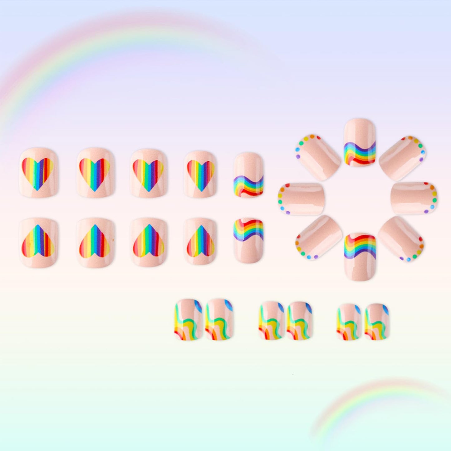 Rainbow Stripe Press on Nails Short Square Fake Nails with Colorful Heart Polka Dot Design Summer Press on False Nails Glossy Stick on Nail Reusable Artificial Glue on Nail for Women 24Pcs
