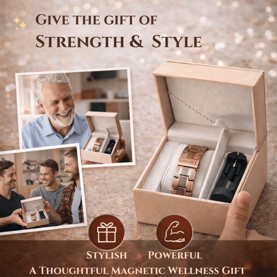 NurtureX 10K Therapeutic Pure Copper Magnetic Bracelet for Men, Ultra Powerful Gauss Adjustable Magnet Therapy Bracelet with Fold Over Clasp, Includes Sizing Tool, Extra Link Pins, Cleaning Cloth, Best Gift for Men - (Bioflow MAX)