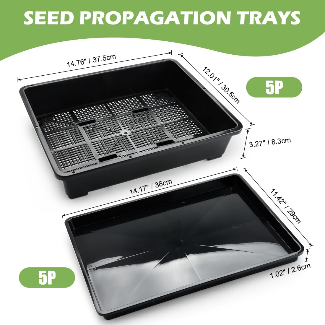 RooTrimmer 5 Pack Soil Blocking Trays(14"x12"x3"), Plastic Flat Plant Tray for Holding or Collecting Drainage Water, Elevated Microgreen Seed Starter Tray for Seed Germination (Black)