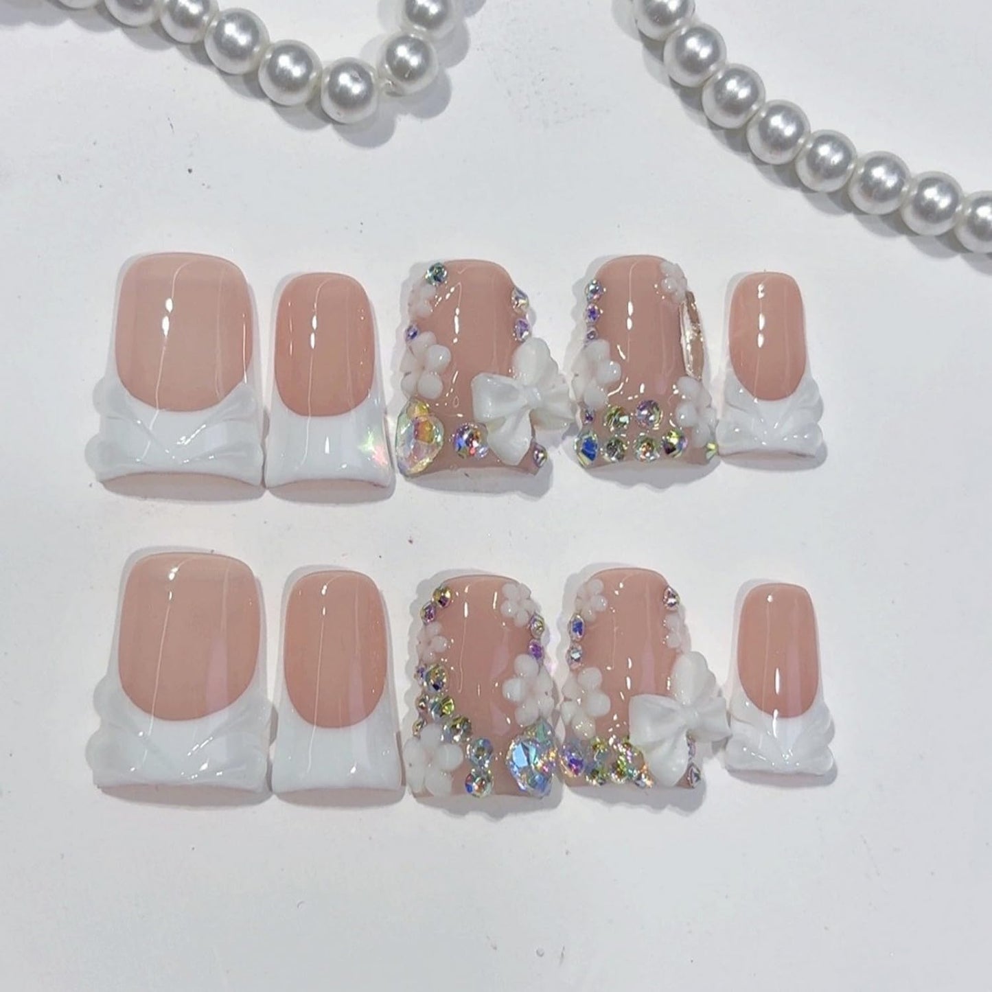 Luxury Press on Nails Short Duck Handmade 3D Bow Fake Nails White French Tip False Nails with Rhinestone Designs Flower Handmade Stick on Nail Thick Acrylic Nail for Women (M)