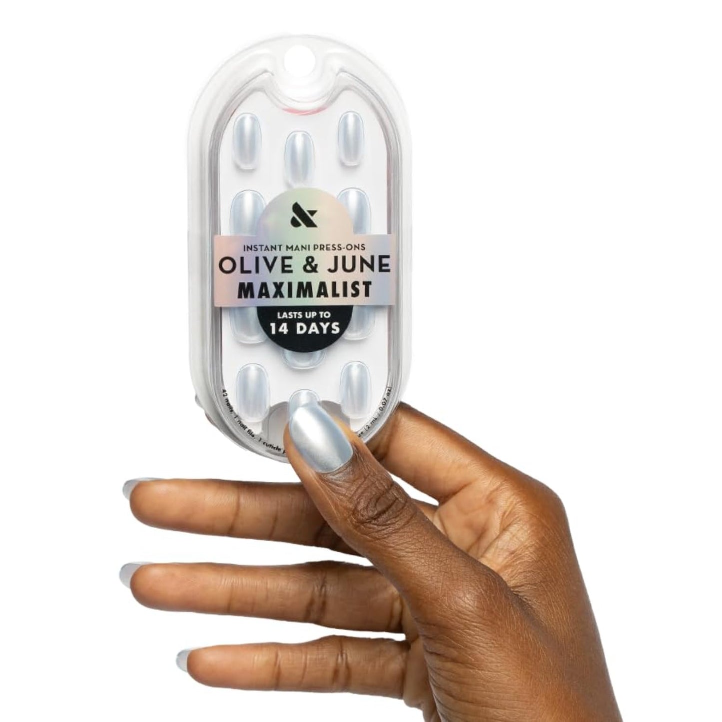 Olive & June Maximalist Instant Mani Press-On Nails (Glue) | 42 Fake Nails, 21 Sizes | Non-Toxic, Long-Lasting Big, Bold Gorgeous Realistic Look | Salon-Quality at Home | Short, Round | Sky Chrome