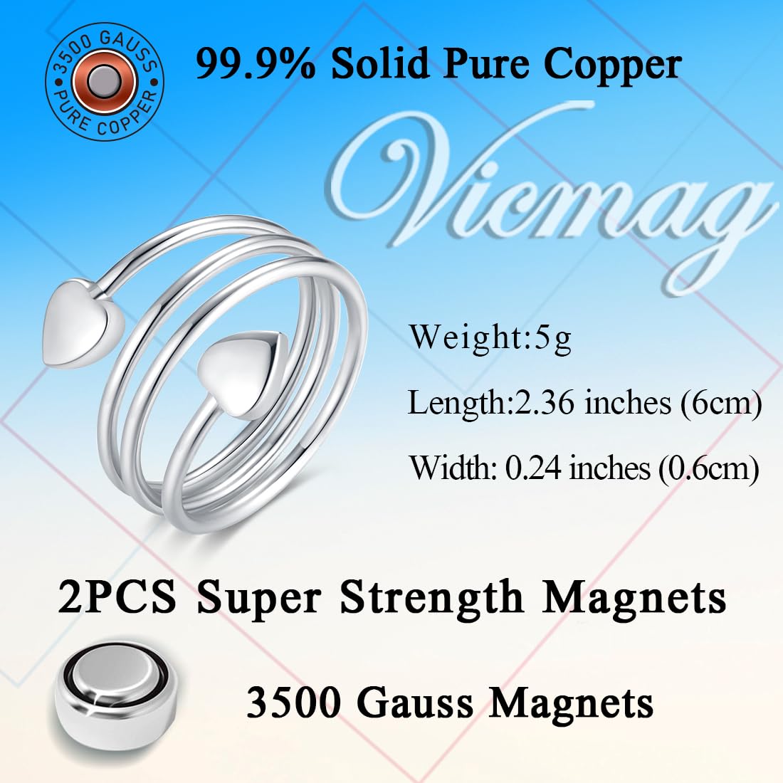 Vicmag Copper Magnetic Ring for Women Ring Ladies Fingers Thumb 99.9% Solid Pure Copper Gift 2PCS Adjustable (Silver Heart)