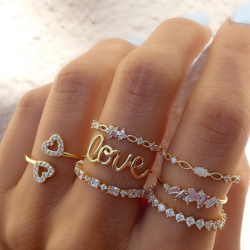 FUTIMELY Boho Retro Stackable Rings Sets for Women Knuckle Joint Finger Knuckle Nail Ring Sets Moon Stars Stack Preppy Statement Rings Cute Trendy Stuff Jewelry (B-7PC-LOVE Rings)