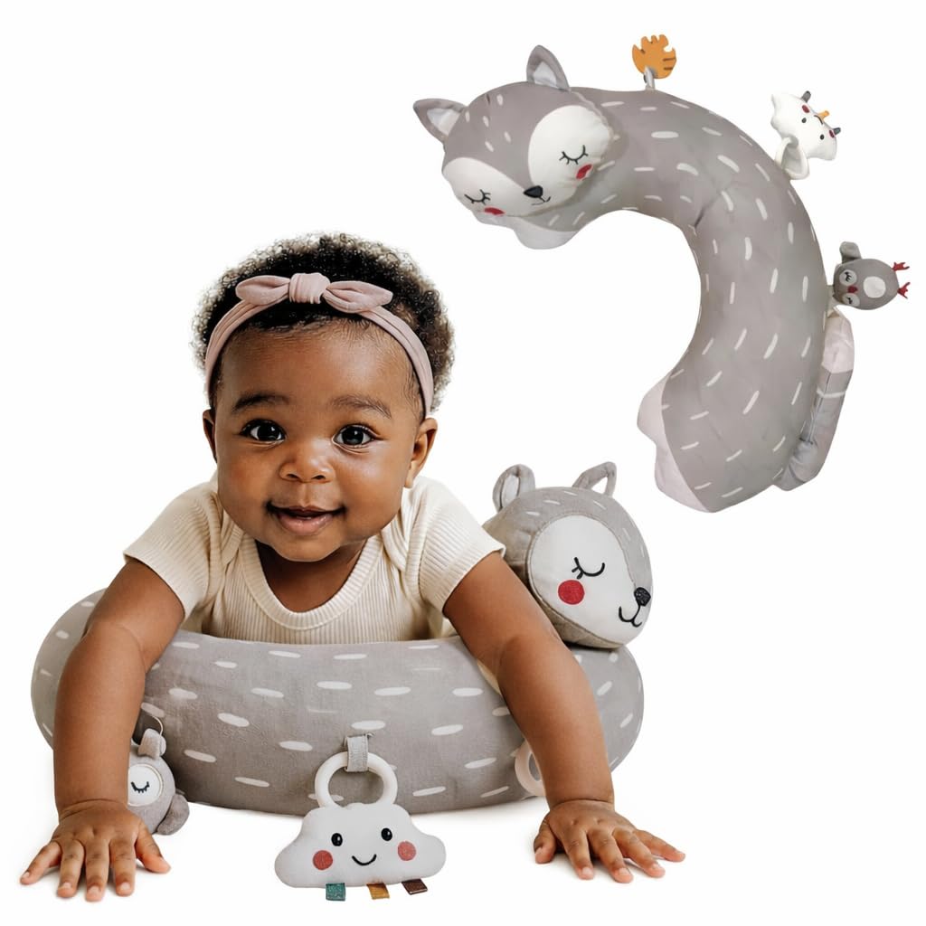 Autumn Bliss Co Tummy Time Activity Toy | Baby Sensory Pillow for Infants 0-6 Months | Pillow with Detachable Rattle | Crinkle & Teether Toys | Soft Breathable Floor Pillow for Newborns and Babies