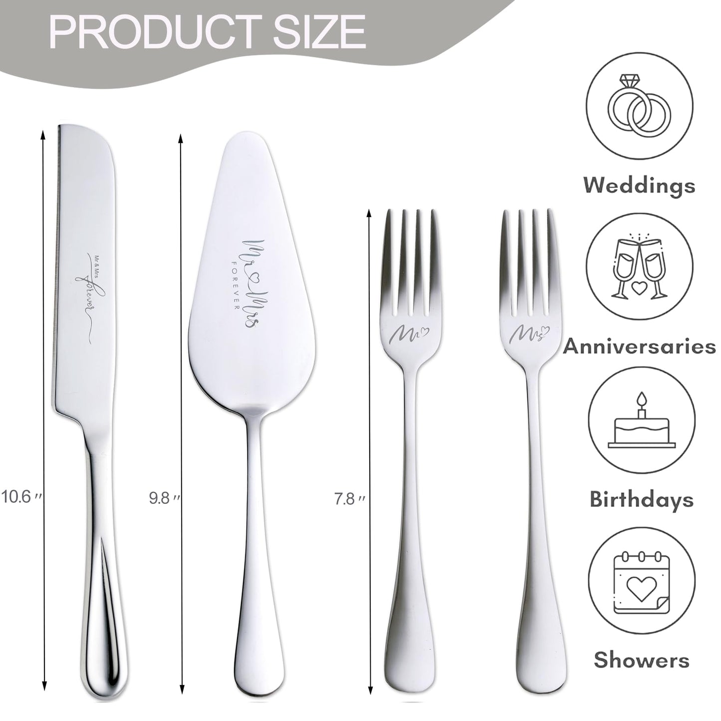 Silver Cake Cutting Set for Wedding, Cake Knife and Server Set, Bride & Groom Cutter Server Set and Forks, Birthday, Wedding, Bridal Shower Gifts for Couples