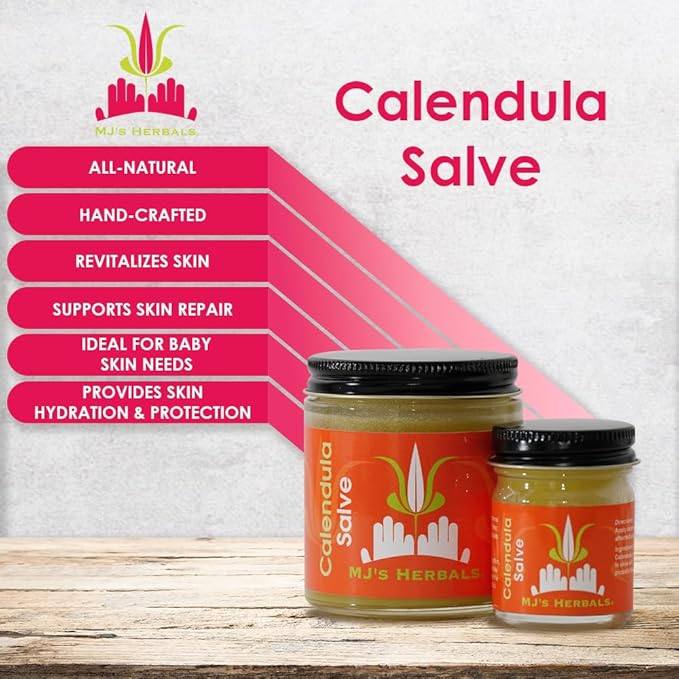 MJ’s Herbals Calendula Salve - Skin Soothing Balm, Coconut-Free Salve Made w/Calendula Blossoms and Propolis Beeswax (4 oz)