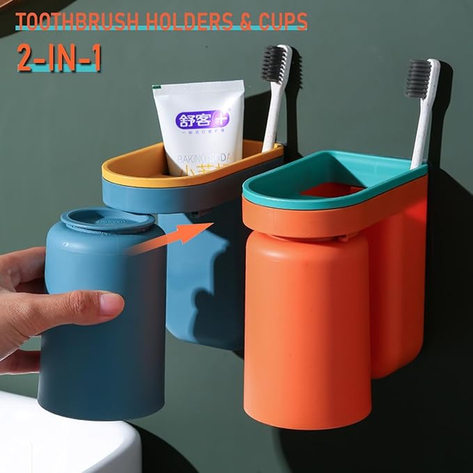 Toothbrush Holder Wall Mounted with Cup,2-in-1 Toothbrush Holders & Cups Set,Inverted Design for Easy Cleaning and draining,Stick-on Toothbrush Holder for Bathroom (4 Pack)