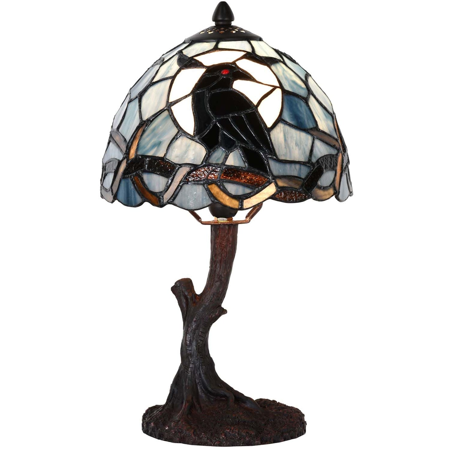 Bieye L12010 Raven Sitting on Bare Tree Branch in Full Moon Night Tiffany Style Stained Glass Table Lamp for Home Decor (Dark Blue, 8Wx14H)