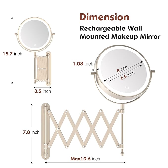 Rechargeable Wall Mounted Makeup Mirror - 8 Inch Double Sided 1X/10X Magnifying Mirror with 3 Color Lights Dimmable Touch Screen, 360°Swivel 19.6 Inch Extendable Accordion Bathroom Mirror - Nickel