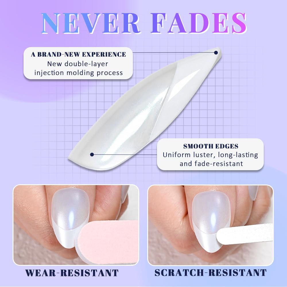 evpct Brown Cat Eye French Tip Press on Nails Almond Medium No Glue, White French Tip Medium Almond Holographic Stick on Nails for Women, Reusable Full Cover Soft Press on Nail Perfectly with Design