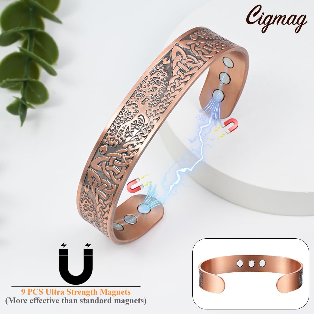 Cigmag 9X Copper Bracelet for Men Copper Magnetic Bracelet Strength Magnets Tree of Life Pattern Adjustable Solid Pure Cuff Bangle
