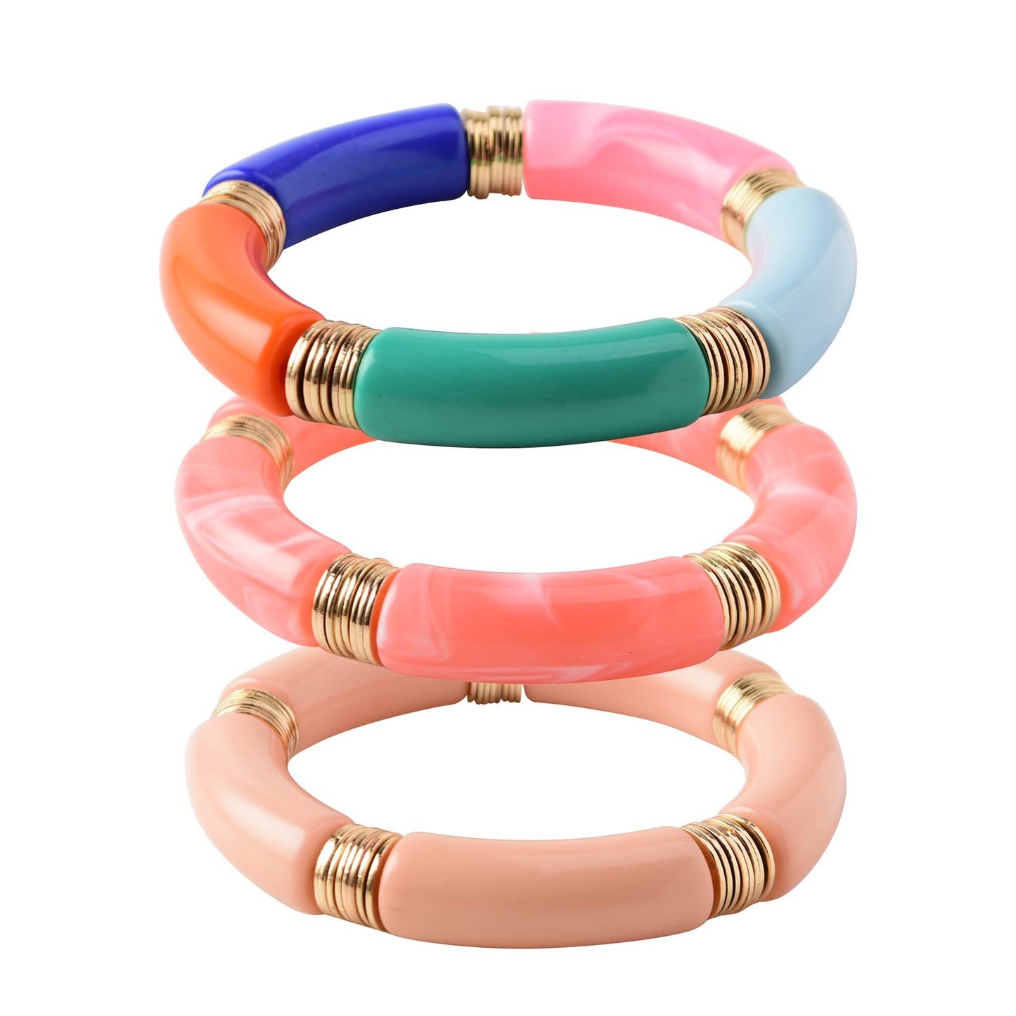 GOOJIDS Simple Beaded Gold Plated Bangles Bracelet Chunky Bamboo Tube Curved Stacking Clear Acrylic Colorful Beads Stretchable Gold Plated Bracelets Set For Women