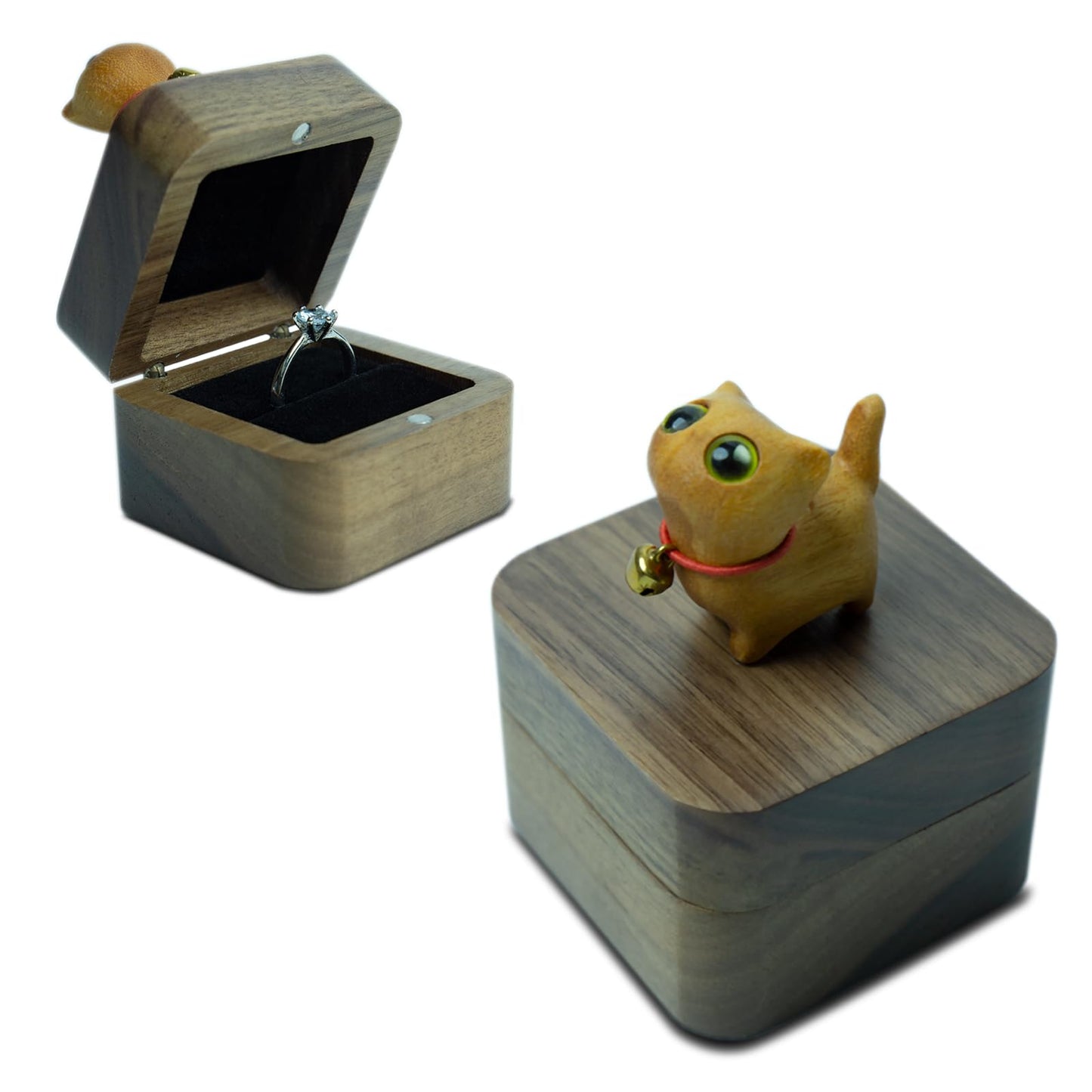 Tentogala Hand-Carved Cat Wooden Ring Box - Magnetic Closure Wedding & Engagement Jewelry Gift Box ﻿(Yellow Cat)