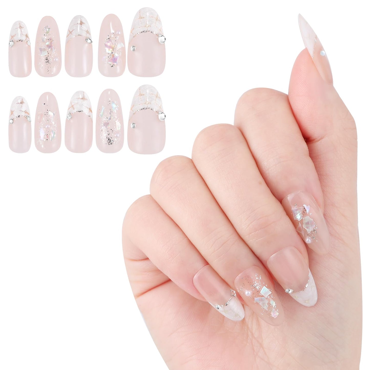 Yacey Handmade Press on Nails Short Almond, Reusable False Nails Press Ons, Shell Texture French Tip Thick Acrylic Fake Nails, 3D Artificial Bling Glossy Glue on Nails for Women Girls (10 Pcs, M)