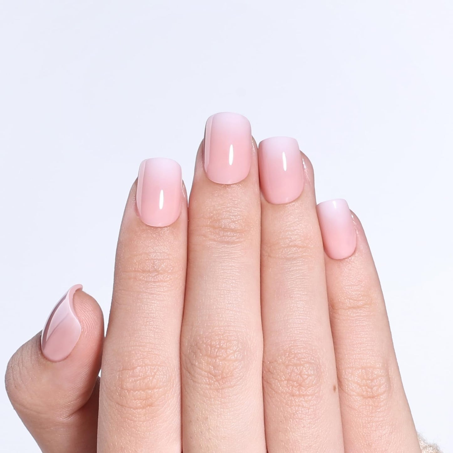 Ombre Press On Nails - Short Square Light Pink Press on Nails, Glossy Nails Press Ons for Women, Reusable Fake Nails Kit with Glue, 30 Pieces in 15 Sizes