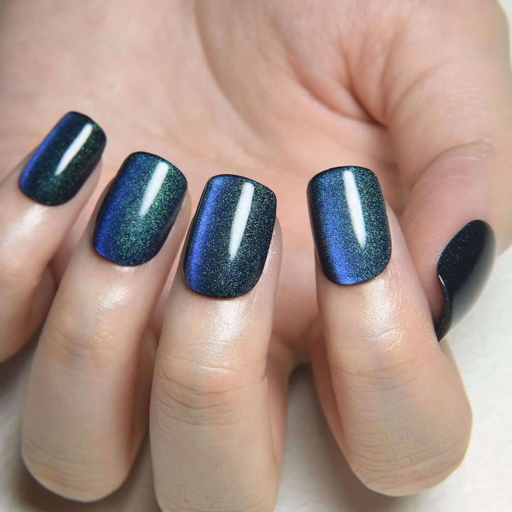 evpct Teal Blue Cat Eye Extra Short Square Press on Nails, Petite Short Square Stick on Nails for Women Gift, Holographic Glossy Fake Nail Reusable, Soft Press on Acrylic Nail with Designs