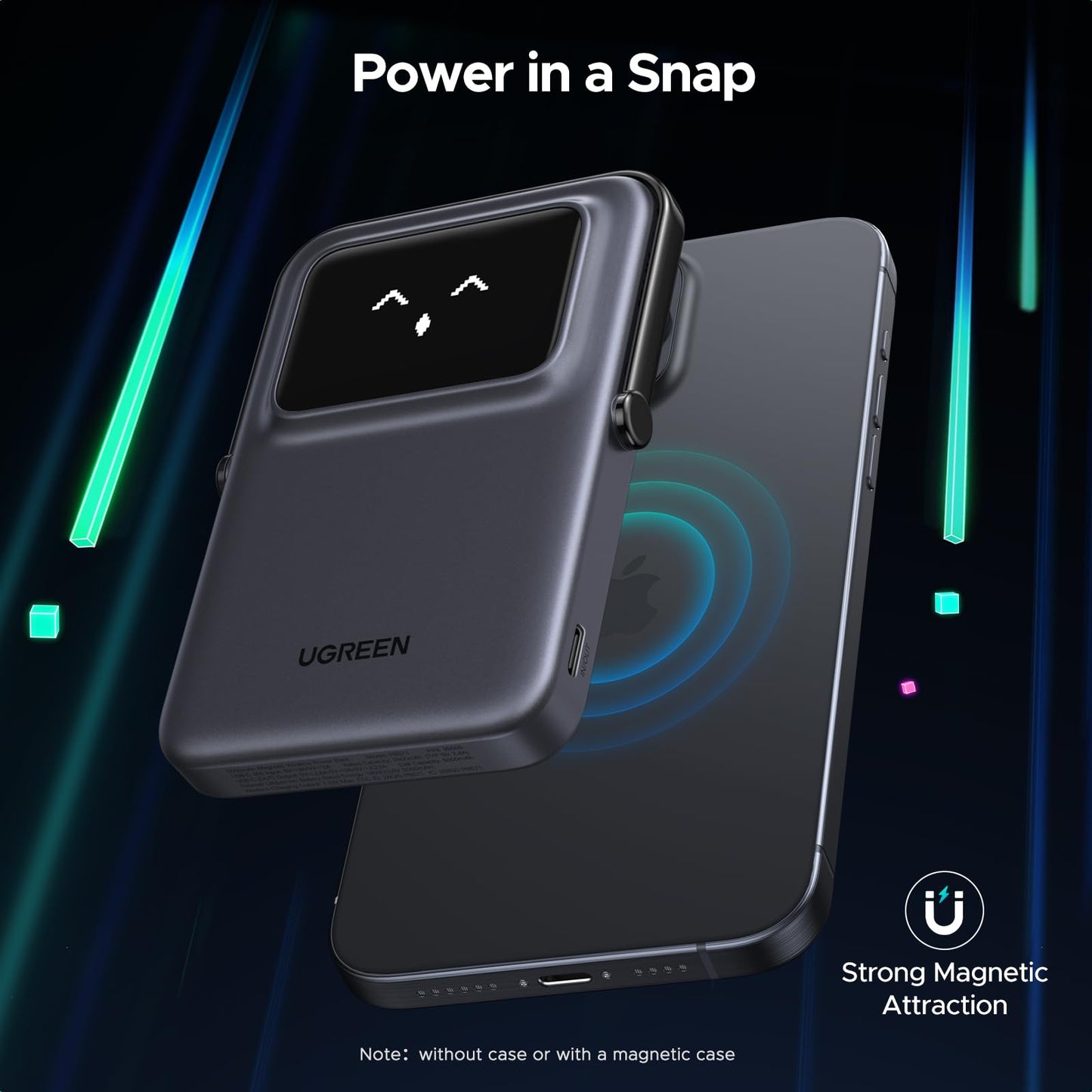 UGREEN Uno Magnetic Power Bank, Wireless Portable Charger, 20W Fast Charging Battery Pack with Foldable Stand and TFT Display 5000mAh for iPhone 17/17 Air/17 Pro/17 Pro Max/16/15/14/13 Series, Black