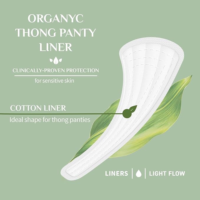 Organyc 100% Certified Organic Cotton Inside and Out Foldable Tanga Thong Panty Liners, Ultra Thin Liners for Women, Light Flow, 24 Count - 6 Packs