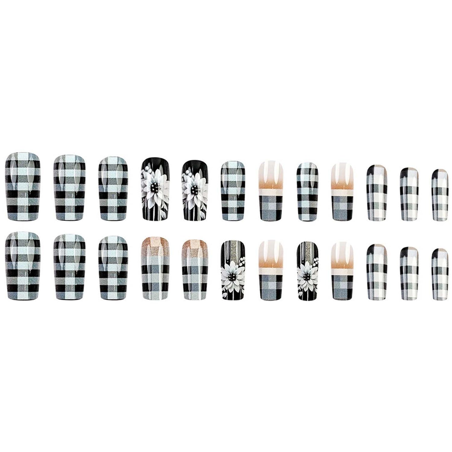 Square Press On Nails Medium Fake Nails Flower With Plaid Design Black False Nails Spring Acrylic Nails Full Cover Ombre Glue On Nails Artificial Nails Glossy Stick On Nails For Women Manicure 24pcs