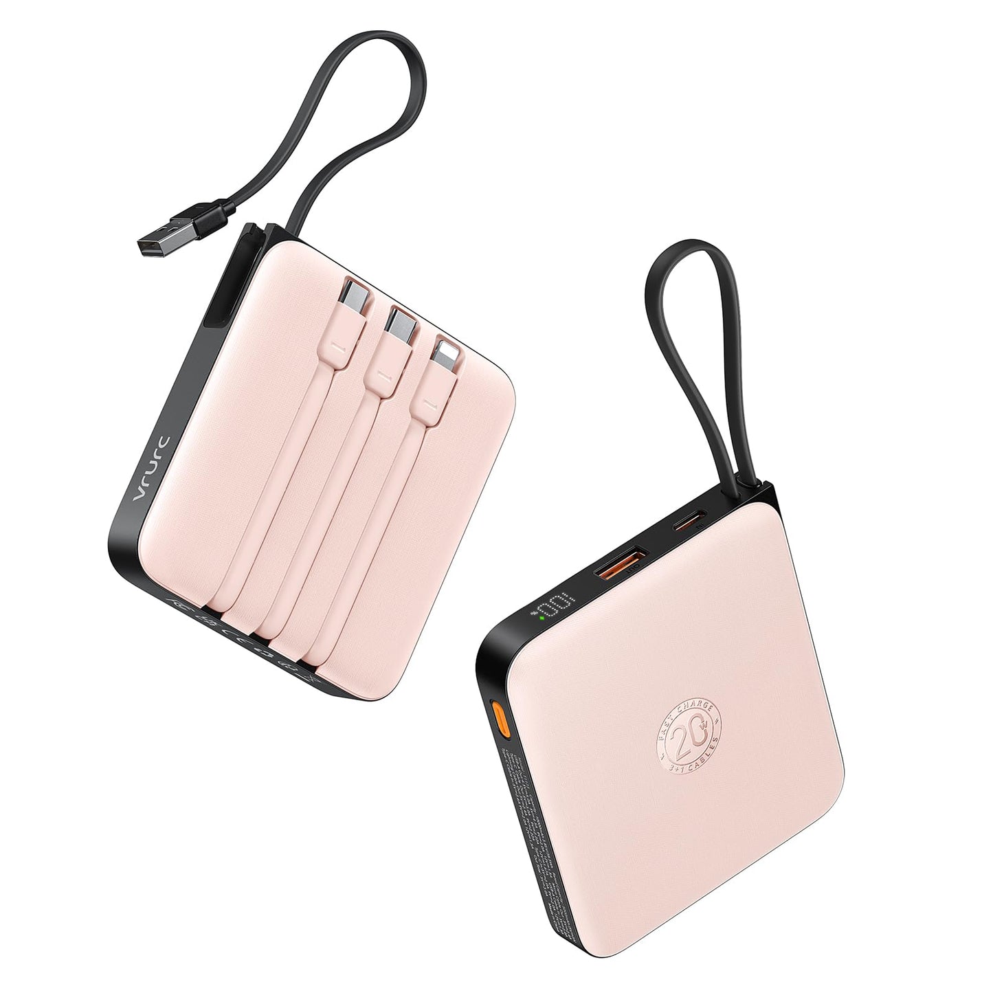 VRURC 20000mAh Power Bank Built-in Cables, Travel Essentials, Portable Charger 22.5W Fast Charging USB C Battery Pack, Phone Battery for iPhone 17 15 14 13 12 11 x Samsung Android Phone,Pink(1 Pack)