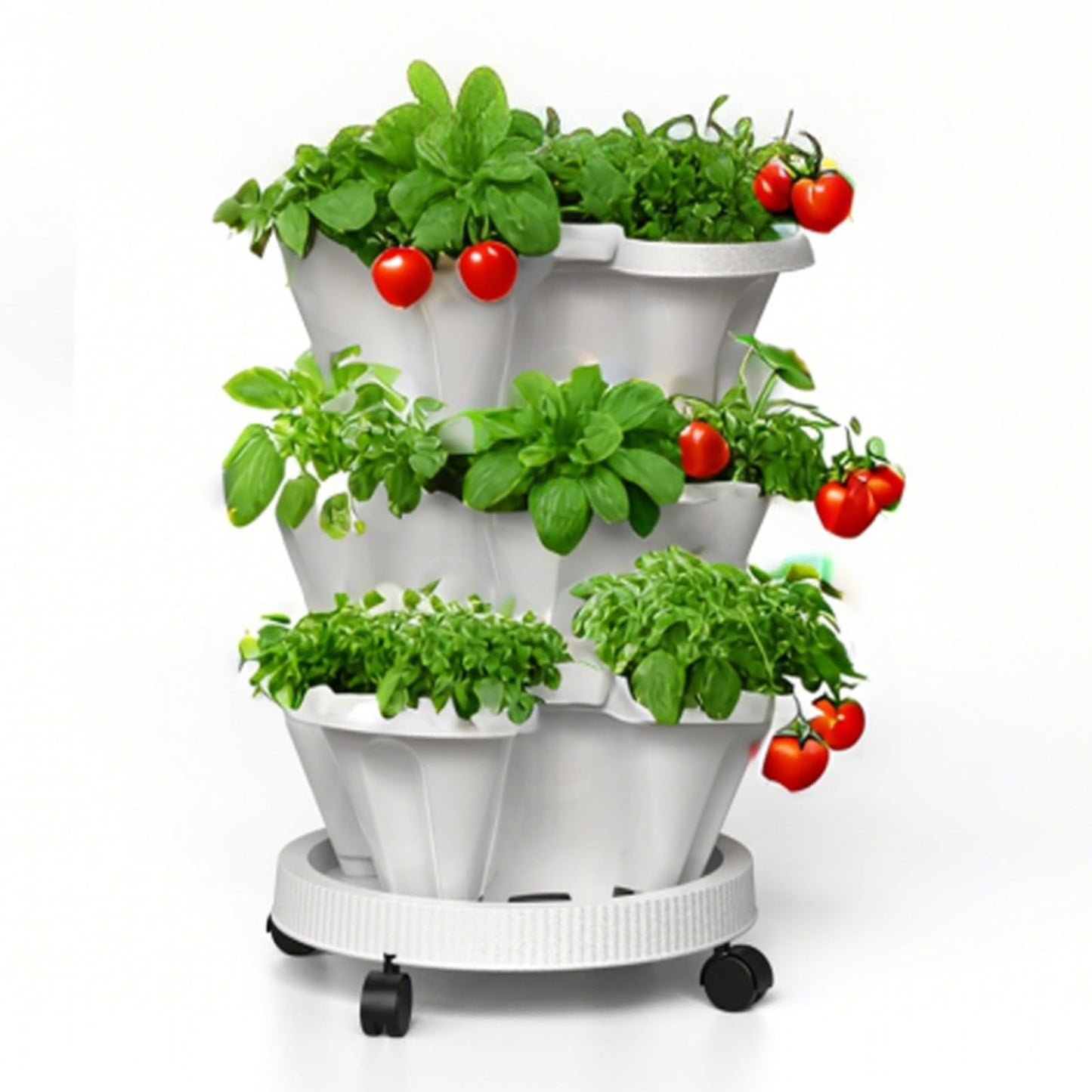 Lykvrii Strawberry Planters, 3 Tiered Vertical Stackable Planter, Herb Stacking Tower Garden, Flower Vegetable Planters with Support Pole, Indoor & Outdoor with Removable Wheels - White