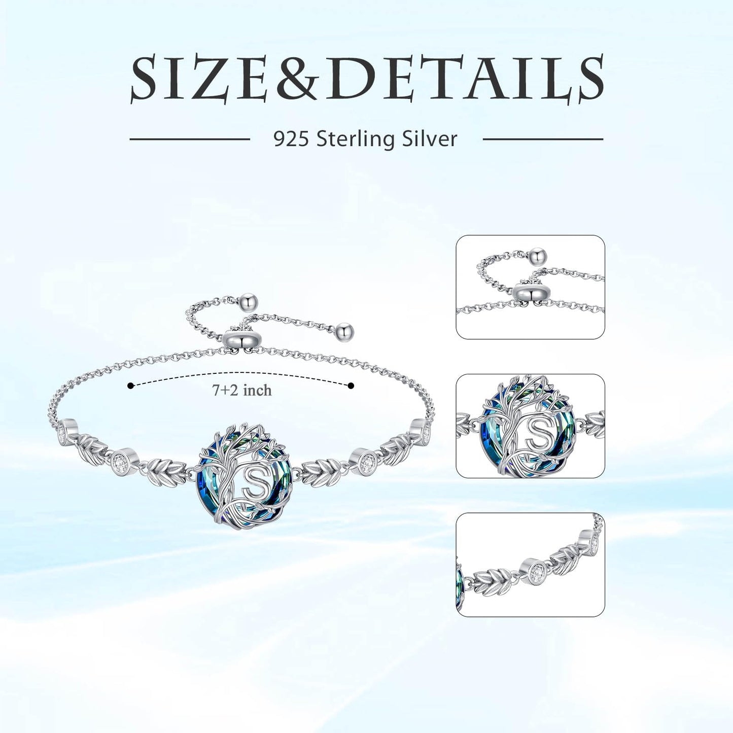 TOUPOP Tree of Life Initial Bracelet Sterling Silver Initials S Letter Link Bracelets Blue Circle Crystal Family Tree Birthday Mothers Day Jewelry Gifts for Women Mom Wife