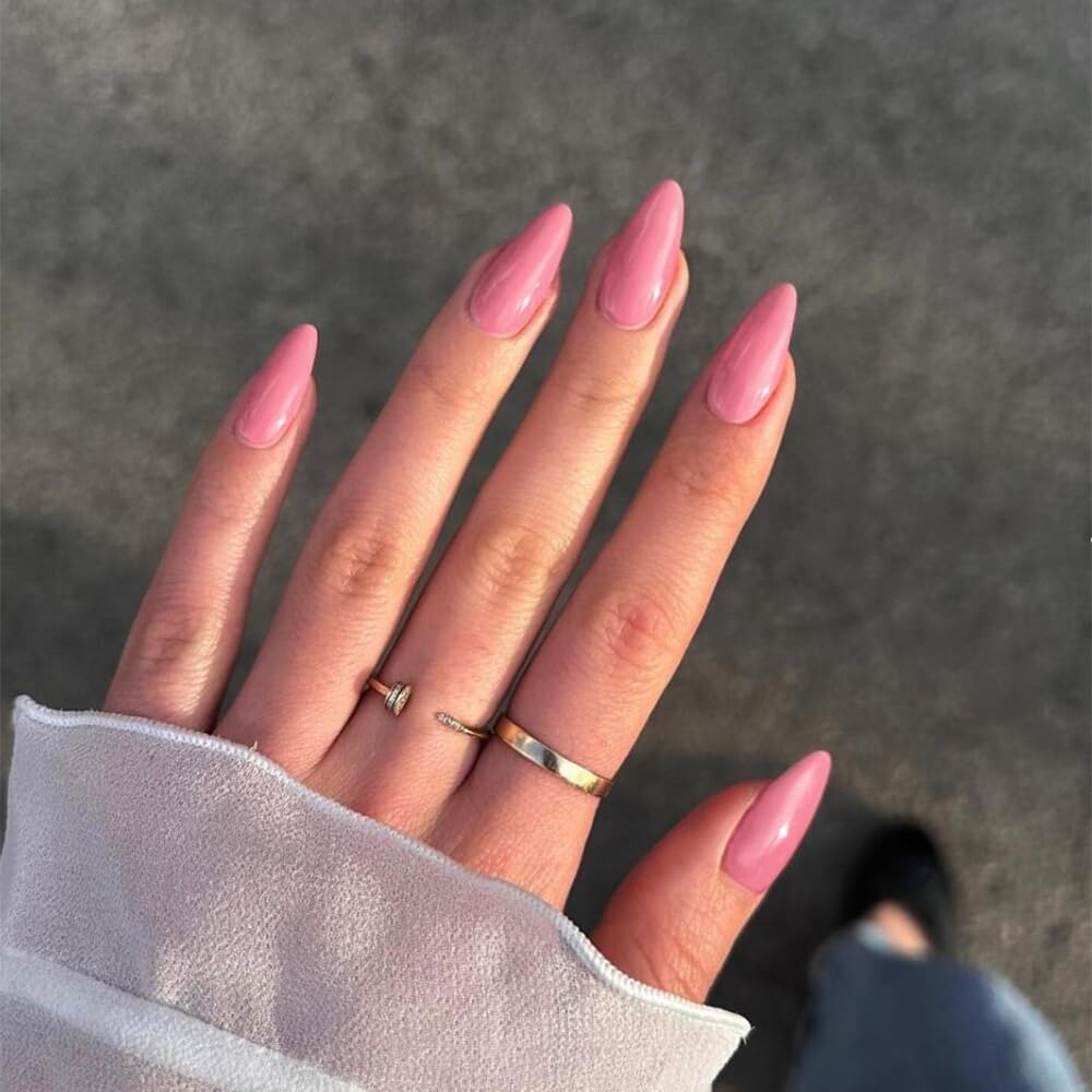KQueenest Glossy Dark Pink Press on Nails Medium Almond Stiletto Gel Fake Nails Medium Pure Color Acrylic Nails Press ons Feature Protective UV Coating in 24PCS