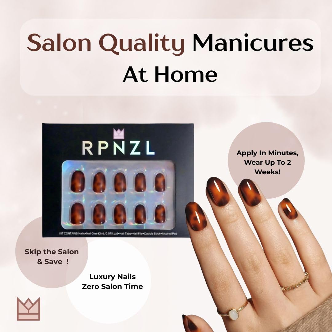Press On Nail Bundle - Tortoise & French Toast 32 Nail Kit + Glue & Tools Reusable Short Almond Nail Kits