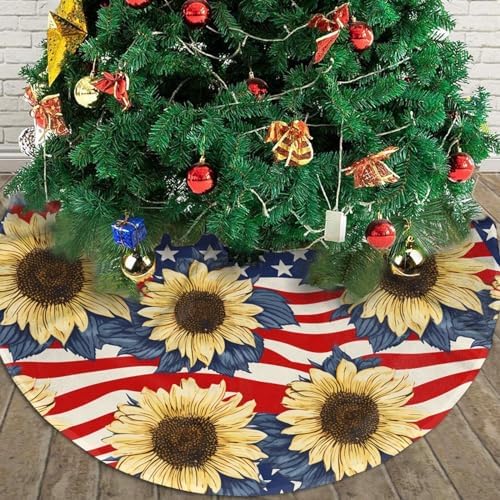 Flags with Sunflowers Christmas Tree Skirts 48", Xmas Tree Cloth Mats Trees Skirts for Decor Gift, Home Decoration