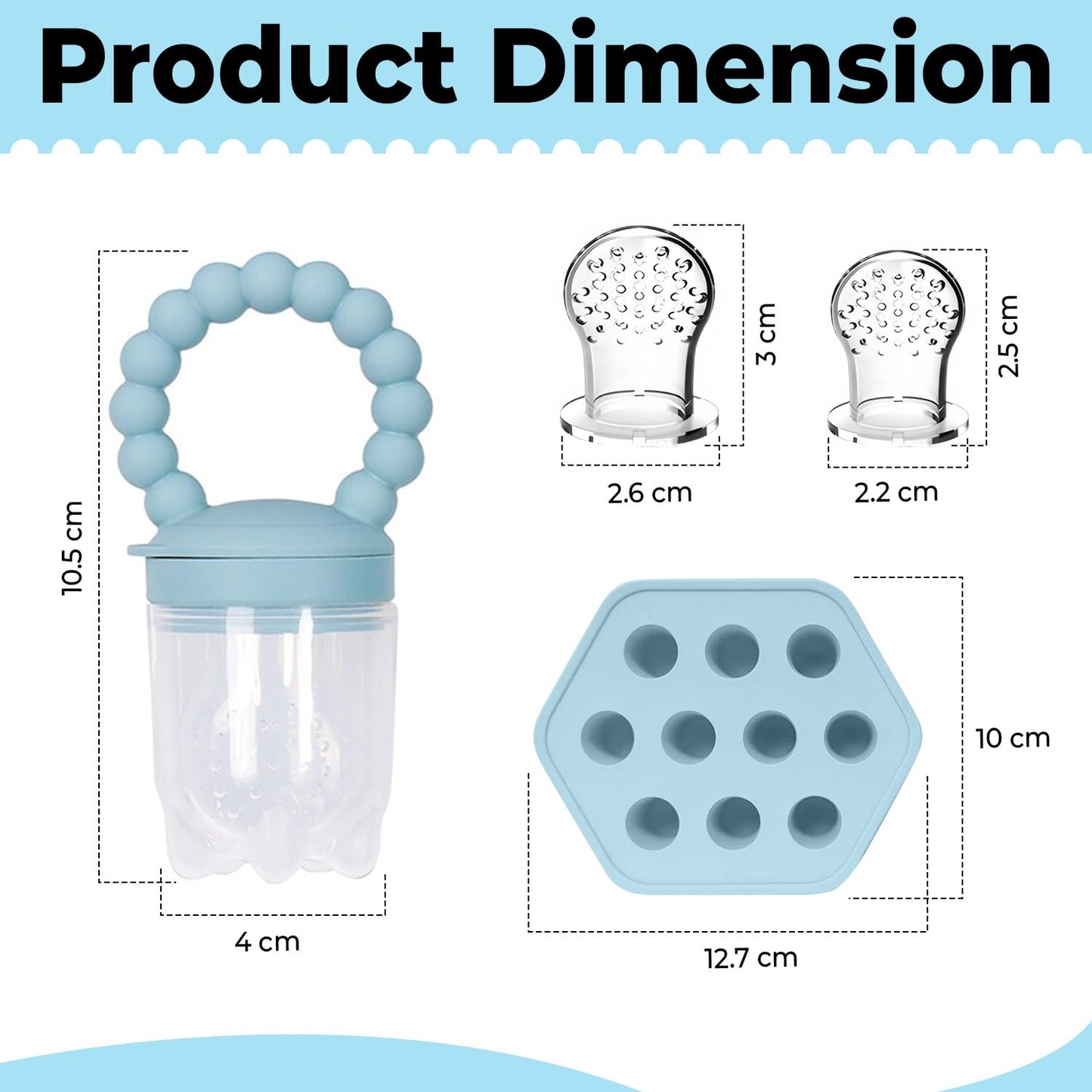 Infant Food Feeder & Silicone Freezer Tray Combo | 2 Size Silicone Baby Fruit Feeders | Weaning Feeder | Teething Relief (Sky)
