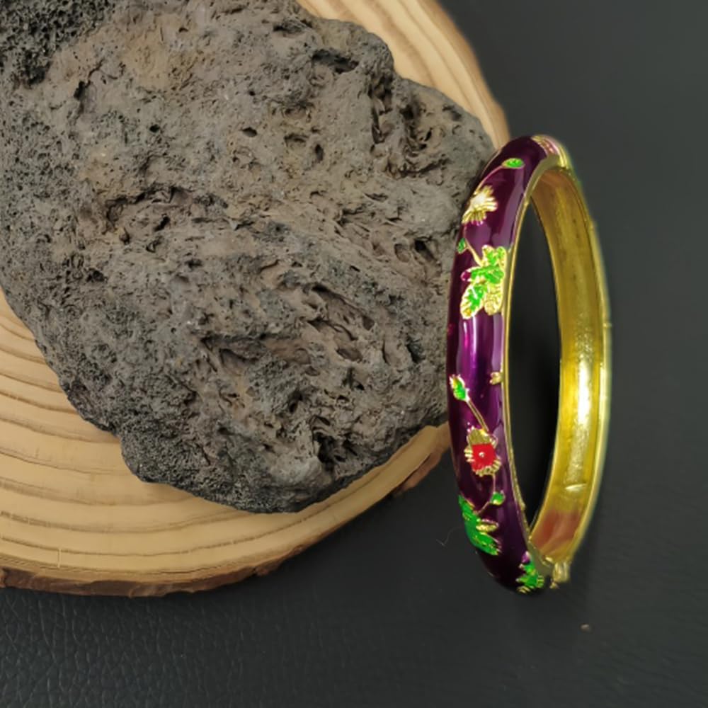 BlingNook Cloisonne Bracelet For Women, Chunky Bangle Trendy Cute Flower Enamel Bangles Multi Tone Engraved Cuff Gold Plated Bracelets Stackable Wife Jewelry Friendship Gift (Dark Purple, One Size)