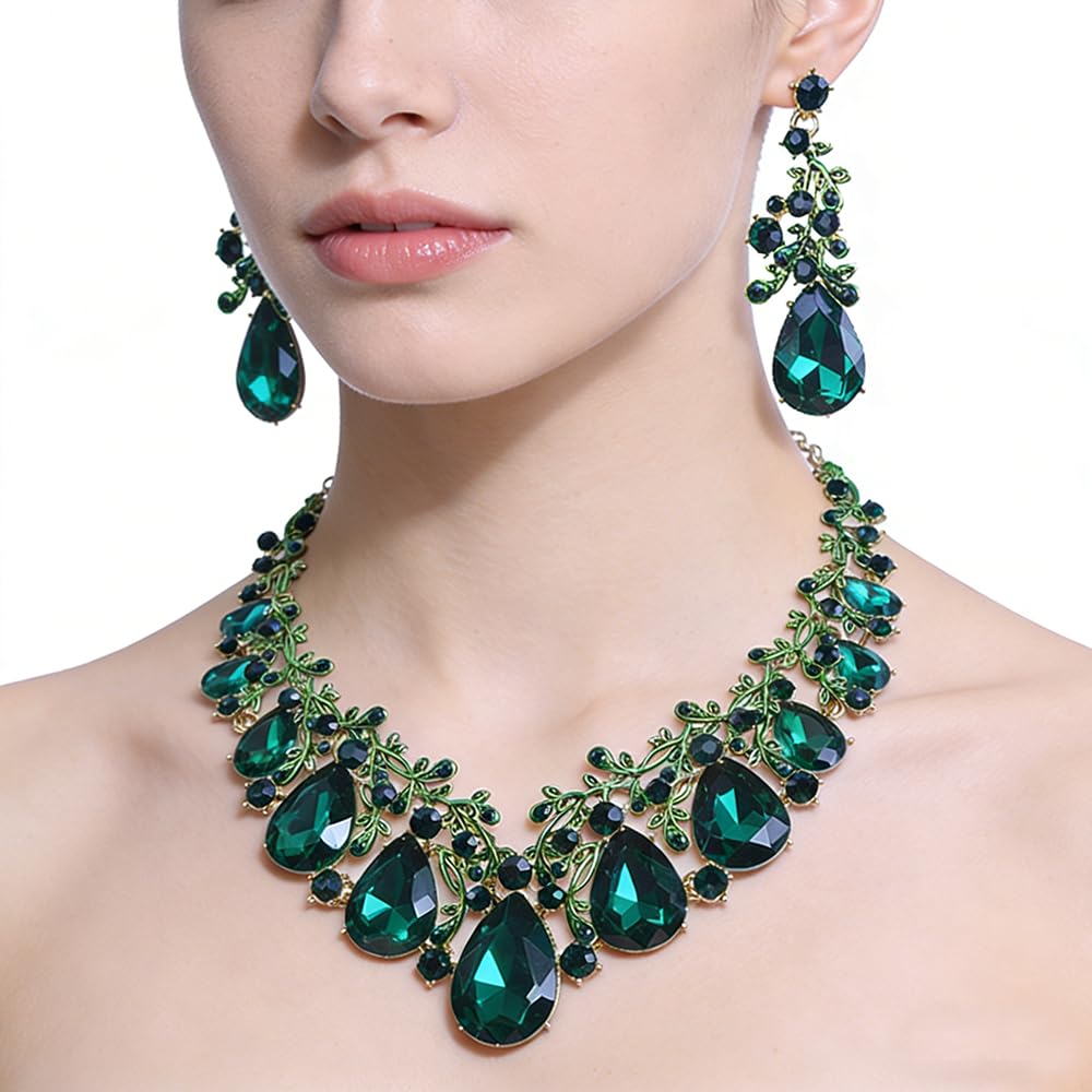 Qlavoca Vintage Crystal Teardrop Necklace Earrings Set - Gothic Statement Jewelry for Wedding Bridal Prom Party (Green-Gold Tone)