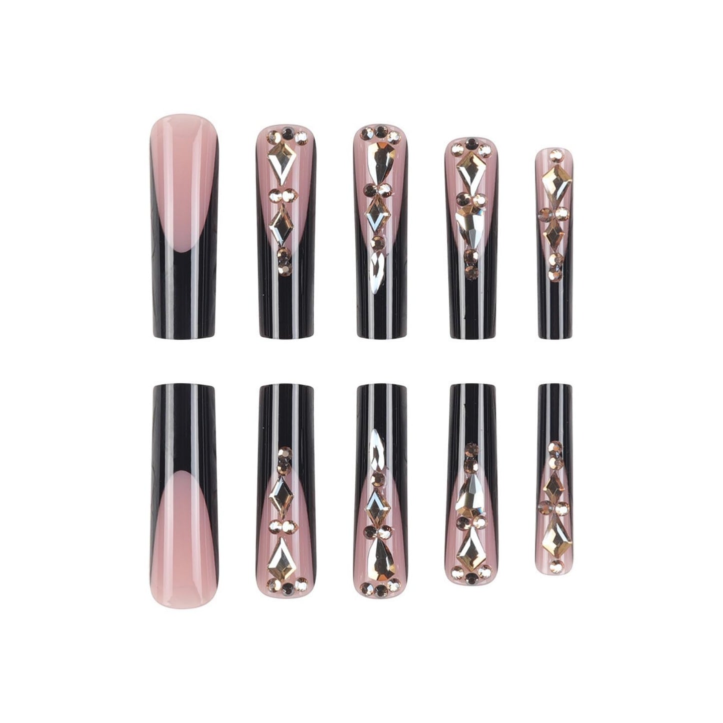 Square Press on Nails Long Fake Nails Extra Long Black Artificial Nail with Rhinestone Designs French Stick on Nail for Women 24pcs