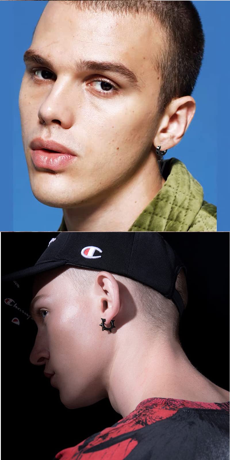 5 Pairs Black Stainless Steel Non-Piercing Spike Rivet Geometric Triangle Dangle Tassel Clip on Hoop Earrings Set for Women Men, Non Pierced Fake Ear Clip Stud Earrings