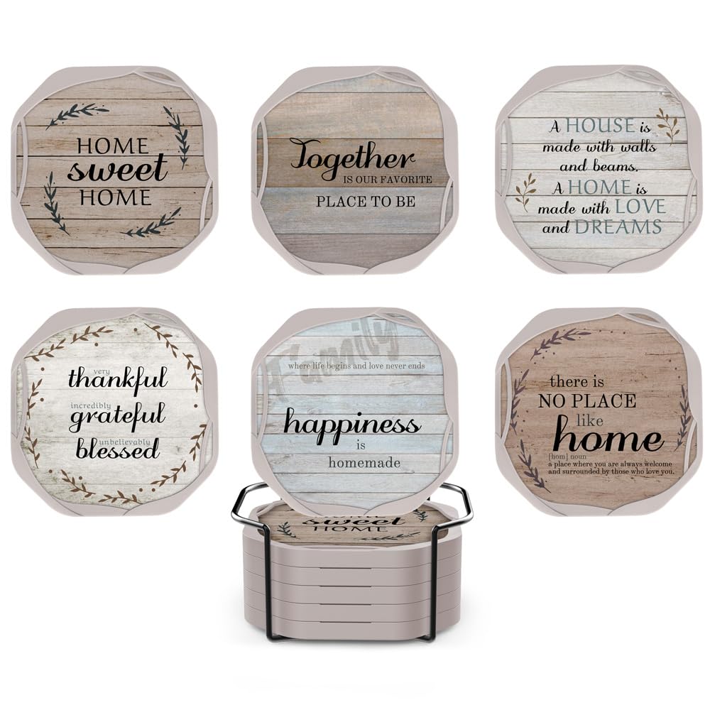 UMIRRO Absorbent Drink Coasters Set of 6 with Holder - Thoughtful House Warming Gifts for New Home or Apartment - Rustic Farmhouse Coffee Table Decor, 4” - Sweet Home