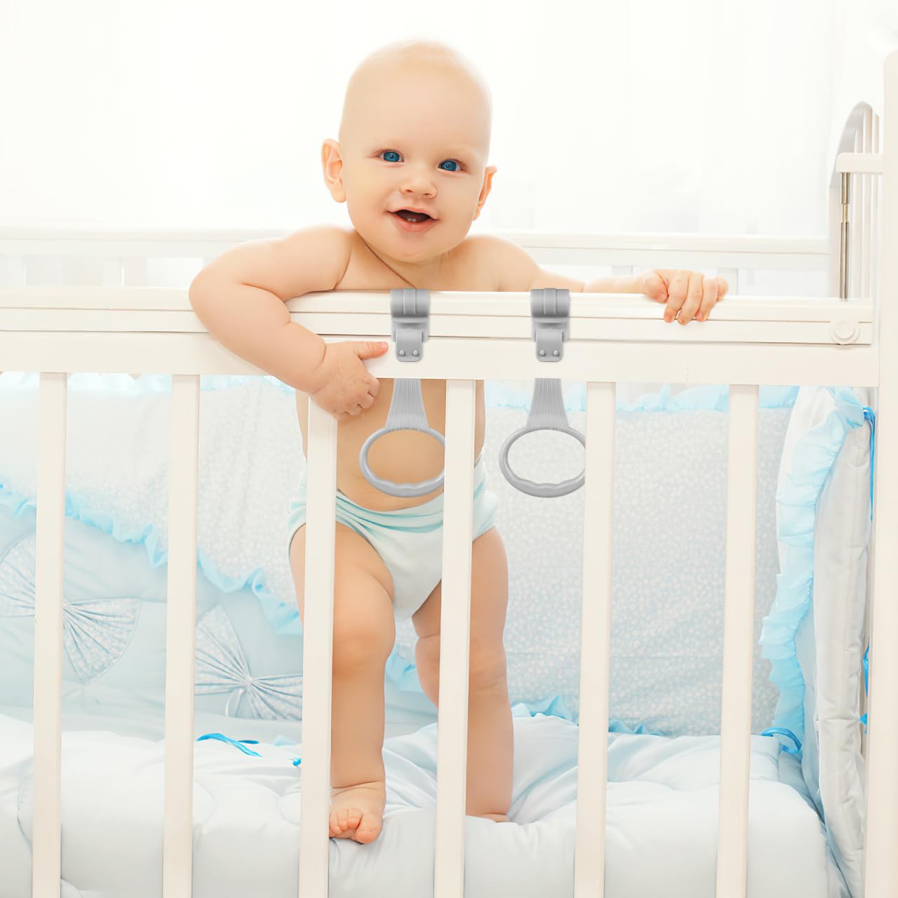 Veemoon Baby Playpen Pull up Rings Handles,4pcs Toddler Walk Assistant Crib Pull Rings Infant Standing Safety Ring Lightweight Plastic Walking Aid for Newborn Walk Practice with Smooth Rounded Edges