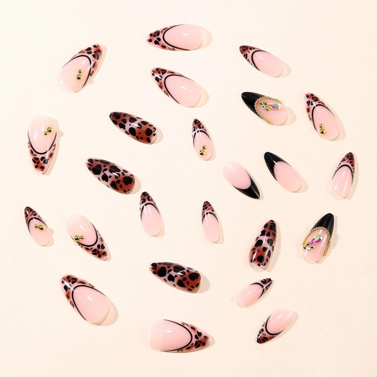 MISUD Press on Nails - Medium Almond Fake Nails with Fall Brown, Acrylic Cheetah French Tip Design 24 pcs