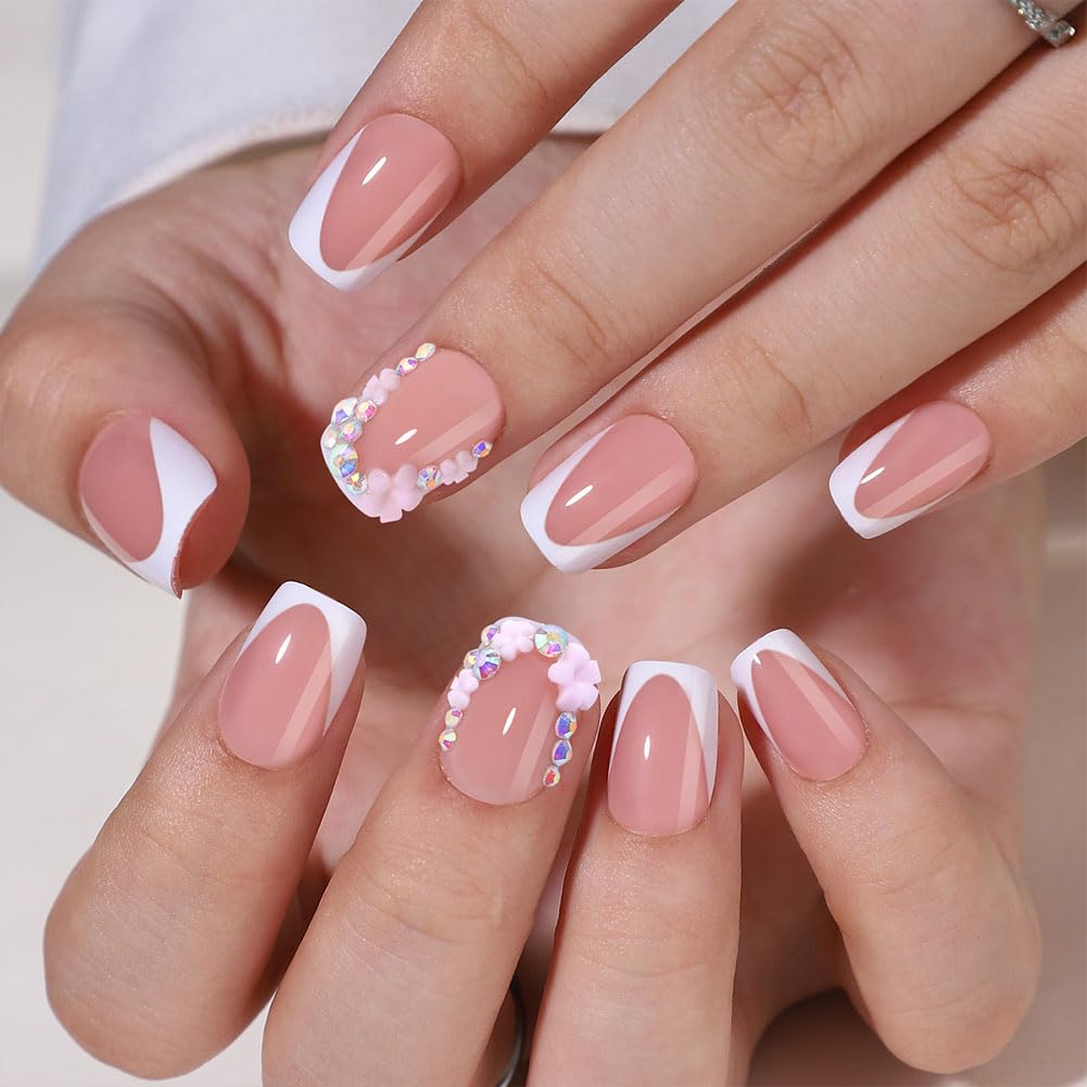 WAFOLOZE White French Tip Press On Nails - Short Square Fake Nails With Rhinestone & Flower Designs, 16 Sizes - 32pc False Nails Tips Kit, Stick On Nails