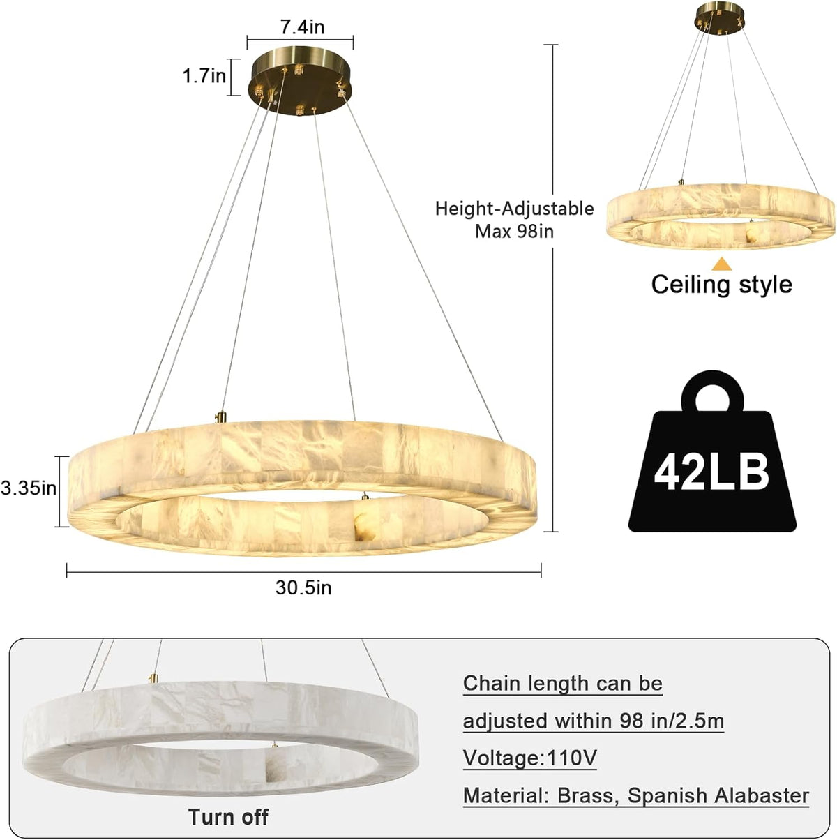 Alabaster Round Chandelier, D30in Modern Marble Dining Room Chandeliers, White Foyer Chandelier for Dining Room Light Fixture, Living Room, Bedroom Lights, Foyer, Kitchen