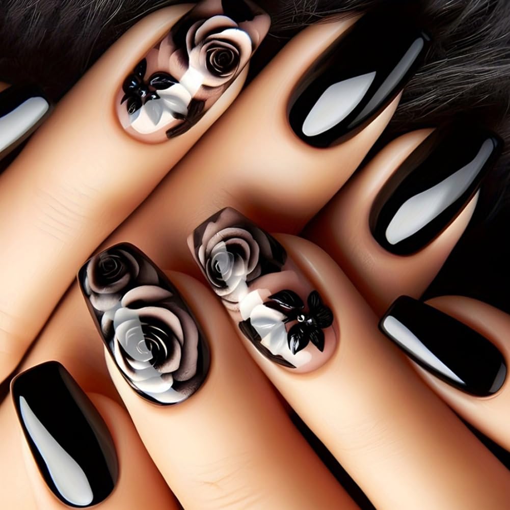 24PCS Black Rose Flower Press on Nails Medium Length Coffin Fake Fingernails Glossy Full Cover Artificial False Nails Kit With Black Rose Designs Fale Nails Nails For Women Girls Manicure